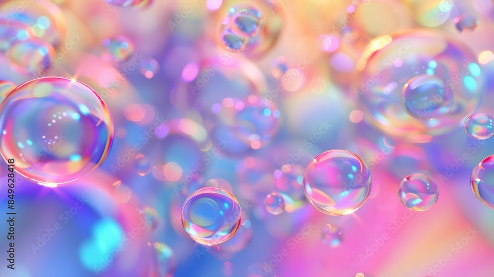 Poster a close up of a colorful background with bubbles floating in it, ai