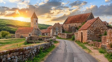 A village road leading to an old church, with stone walls and green fields on both sides, taken during the golden hour with warm colors and soft lighting. The sky is blue with white clouds.