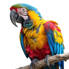 Naklejka premium Colorful parrot perched on a branch on solid white background, single object 