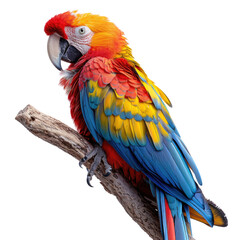 Fototapeta premium Colorful parrot perched on a branch on solid white background, single object 