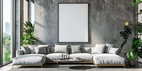 Frame. Modern living room interior with cozy grey sofa, coffee table, and indoor plants. Sunlight streams through large windows, highlighting a blank frame on the wall for your artwork mockup.