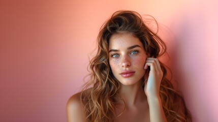 Fototapeta premium Beautiful Young Woman with Freckles Posing Against a Pink Background