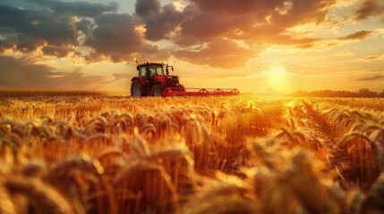 Rural background with a combine harvester working in a field of golden wheat, depicting the concept of grain harvesting. tractor harvesting crops on farmland at sunset. Close-up of a red combine.
