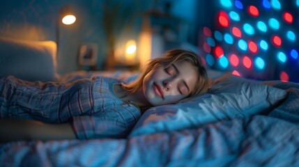 Naklejka premium Serene Young Woman Sleeping Peacefully in Bed at Night with Soft Lights