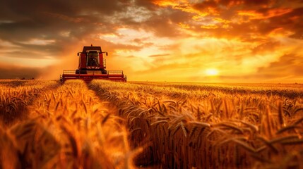 Fototapeta premium Rural background with a combine harvester working in a field of golden wheat, depicting the concept of grain harvesting. tractor harvesting crops on farmland at sunset. Close-up of a red combine.
