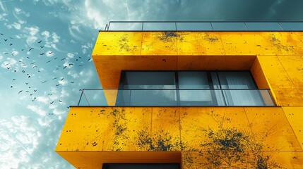 Modern Yellow Building With Abstract Black Paint Splashes Under a Blue Sky - Powered by Adobe