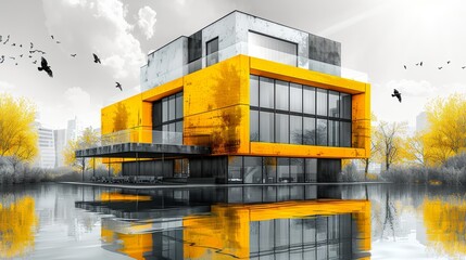 Modern Black And White Building With Bold Yellow Accents Surrounded By Nature