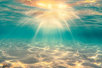 Obraz premium Warm sunlight filters through clear water, casting patterns and illuminating the sand underneath the ocean surface