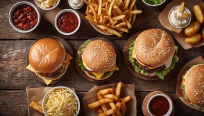 Fototapeta premium A delightful fast-food arrangement featuring multiple burgers, crispy fries, and various sauces, all beautifully presented on a wooden surface, ready to enjoy