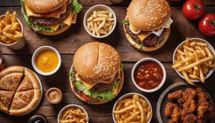 Fototapeta premium A tempting assortment of burgers with fresh toppings and golden fries, complemented by dips and beverages, set on a rustic table for a satisfying meal