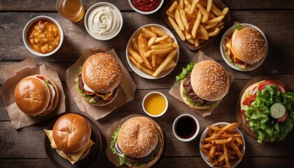 Fototapeta premium A mouthwatering display of burgers and fries, accompanied by an assortment of sauces and drinks, laid out on a wooden table, ideal for a casual dining experience