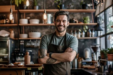 Fototapeta premium Man Standing in Kitchen With Arms Crossed