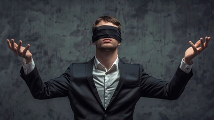 Businessman in suit wearing blindfold, raising both hands against dark concrete wall. Conceptual image representing uncertainty in business decisions. Dramatic and serious mood in portrait style. AI