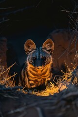 rare aardwolf emerging from its burrow in the africa