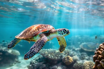 Turtle Swimming Over Coral Reef