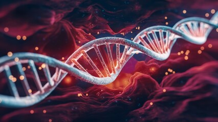 A close up of a dna strand with red and blue lights, AI