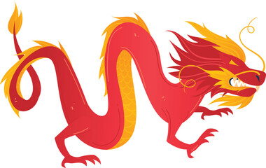 Red dragon traditional Chinese mythical creature isolated white background. Fiery dragon yellow mane red body cartoon art. Scaled claws whiskers flame tail illustrated beast