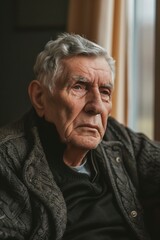 senior man with gray hair sitting indoors looking