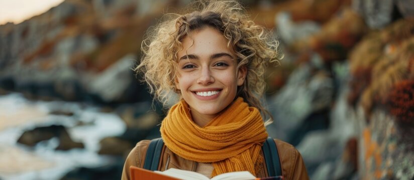 Joyful woman reading outdoors