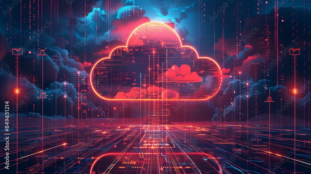 Aufkleber futuristic cloud computing concept with glowing digital data and network connections in a neon-lit d