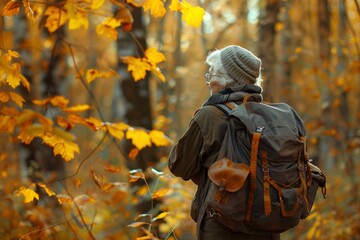 Elderly Woman Hiking in the Woods