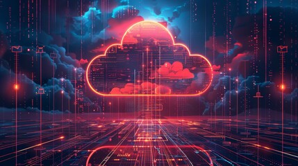 Obraz premium Futuristic cloud computing concept with glowing digital data and network connections in a neon-lit digital environment.