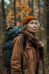 Elderly Woman Hiking in the Woods