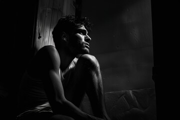 lonely man sitting in the dark looking worried