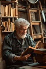 gray haired senior man reading in an old fashioned