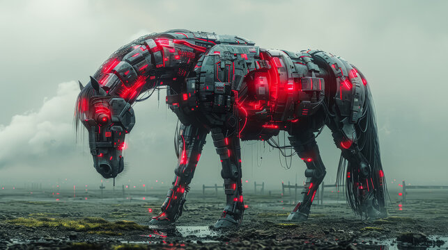 A robot horse with red lights on its legs and head. The horse is standing in the rain - Powered by Adobe