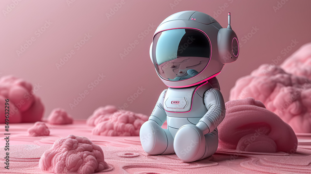 Poster a robot astronaut is sitting on a pink surface. the robot is wearing a helmet and he is resting. the