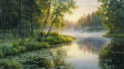 Morning on a Forest River in Summer