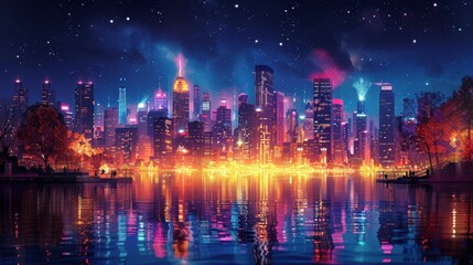 Fototapeta premium Beautiful Night Cityscape with Vibrant Lights Reflected in Water
