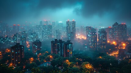 Fototapeta premium Stunning Cityscape at Night with Illuminated Buildings and Foggy Atmosphere