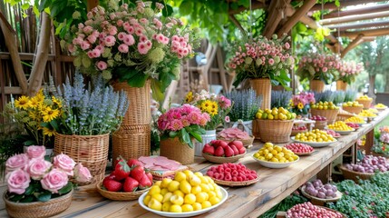Outdoor table set for lunch. On the table there are dishes with a variety of food, drinks and flower arrangements.