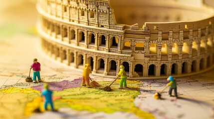 Tiny cleaners sweeping and tidying up around a doodled illustration of the Colosseum on a paper map, as if they are keeping Italy's historic site pristine.