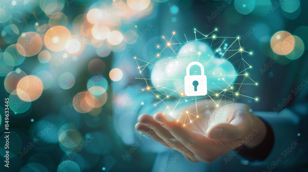Poster businessman holds a glowing cloud with a padlock, symbolizing secure cloud computing and data protec
