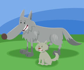 funny cartoon wolf animal character with baby wolf
