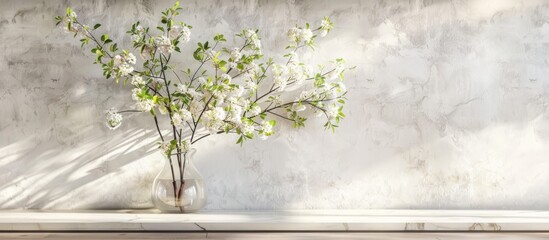 White bird cherry blossoms in glass vase against grey wall