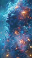 Nana Buluku surrounded by holographic stars in a surreal cosmic womb of creation