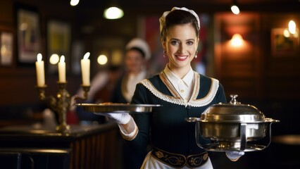A woman in a restaurant holding up two plates of food, AI