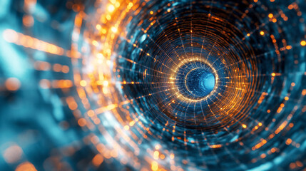 Digital data transmission tunnel in an abstract, futuristic space.