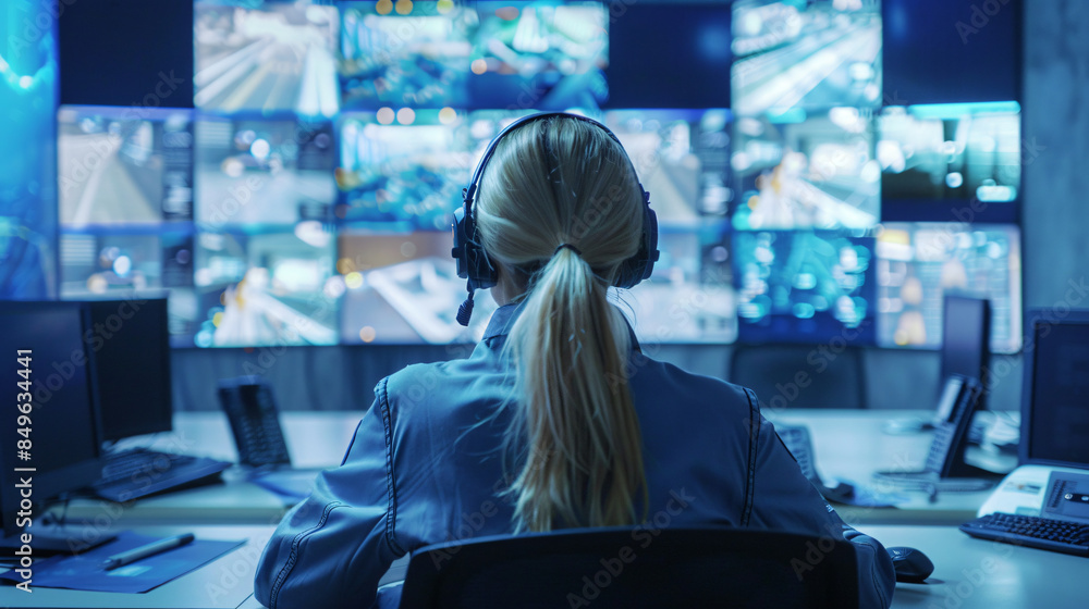 Poster security guard monitoring multiple screens to ensure building safety and security