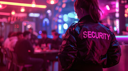 Obraz premium Security guard overseeing a lively nightclub, prioritizing the safety of the patrons amidst the energetic atmosphere