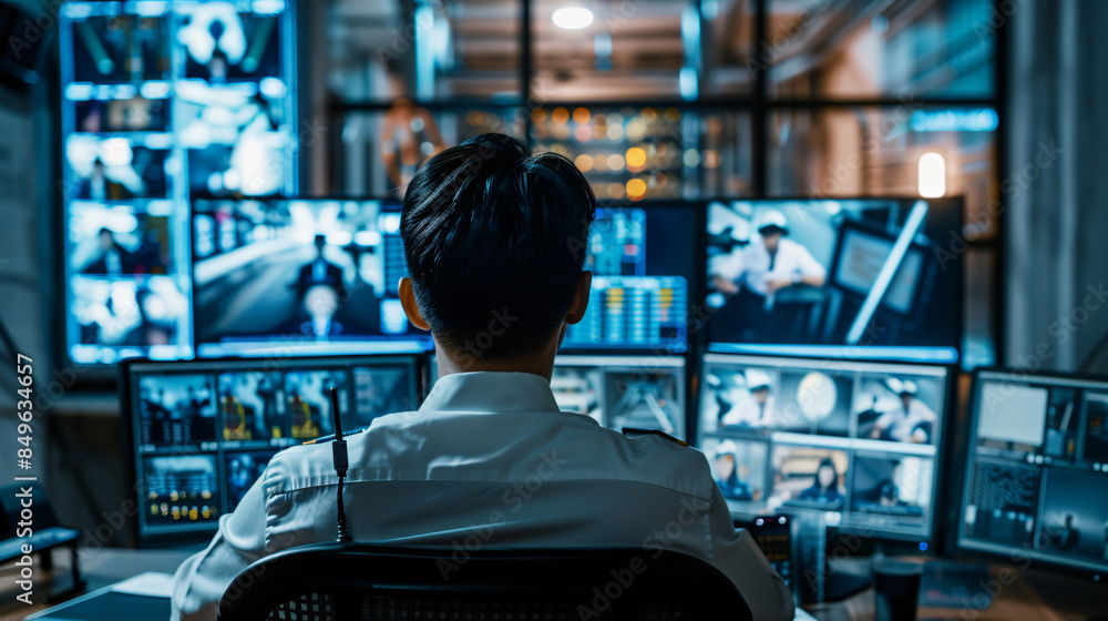 Poster Security professional is observing multiple monitors, ensuring safety and security
