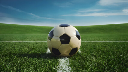 Fototapeta premium Vintage Ball Rests on Emerald Field Crystaline Sky