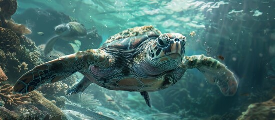Sea turtle swimming through coral reef