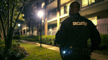 Security guard is protecting an apartment complex at night