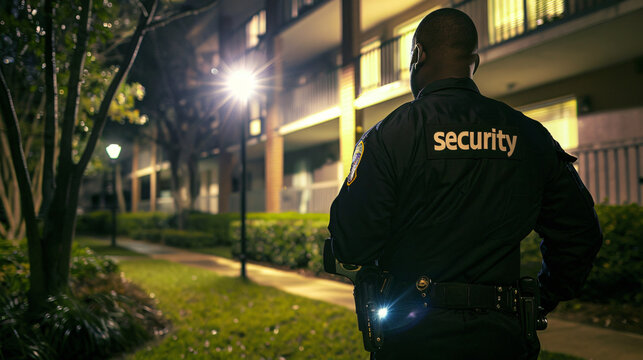 Security guard is protecting an apartment complex at night