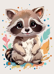 Cute cartoon raccoon with splashes of colors on the beige background